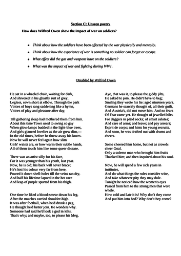 Two World War One Poetry Assessments- unseen poetry question & comparison