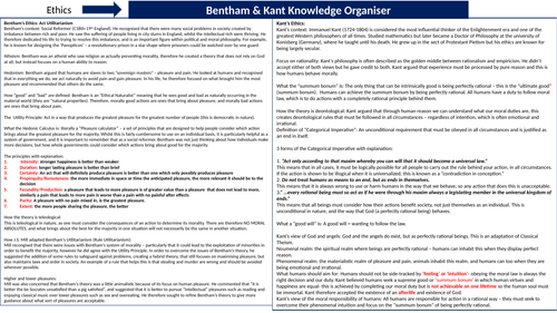 Bentham's Utilitarianism and Kant Knoweldge Organiser - A Level RE Revision (AQA)
