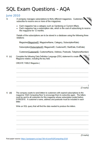 AQA A Level SQL Exam Question Worksheet