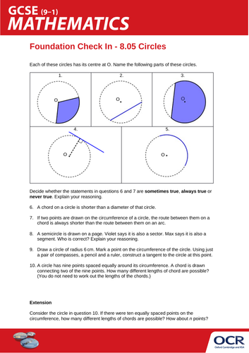 Ocr Maths Foundation Gcse Check In Test 8 05 Circles Teaching Resources