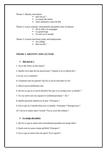 List of questions for GCSE French Speaking exam General conversation