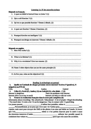 KS4 - KS5 French Nouvelles technologies Listening and reading activities