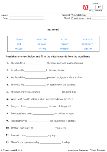 KS2 English Resource - 'mis' or 'ex'?