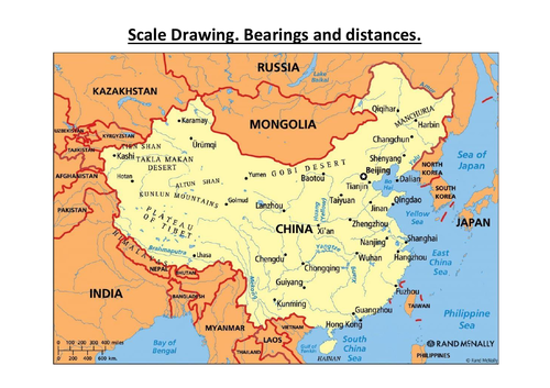 Bearings and distances.  With answers. Scale Drawing. China.