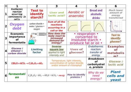 AQA GCSE Biology Bioenergetics Learning Grid