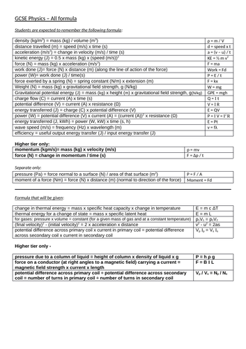 Formula Equation Sheet For Ocr Gateway Gcse Physics New Spec Teaching Resources