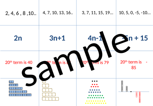 card matching activity- linear sequences  - match the patterns, sequences, nth term and 20th term.