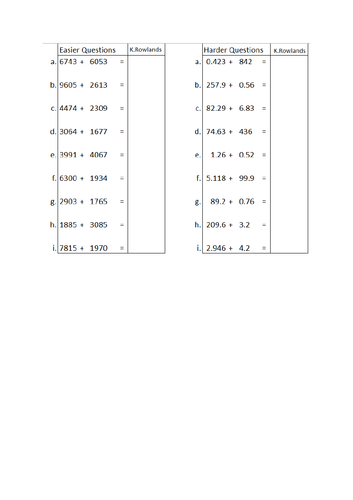 Adding four digit numbers together and adding decimals together