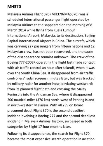 The Disappearance of Malaysia Airlines Flight 370 Handout