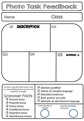 GCSE Speaking Photo Card Pupil Feedback Sheet - Reduce marking time!