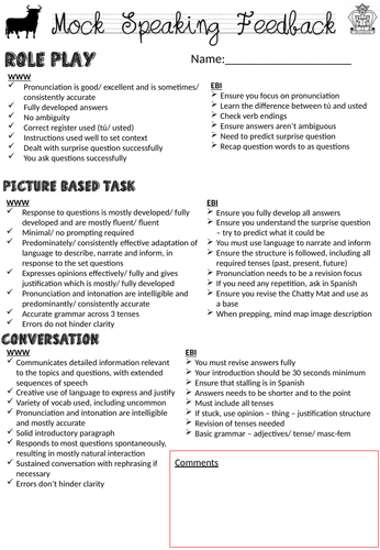 GCSE Full Speaking Exam Pupil Feedback Sheet - Save time marking!