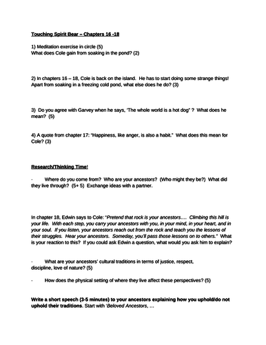 Touching Spirit Bear Chapters 16 18 Teaching Resources