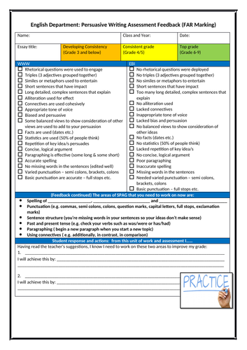 Persuasive Writing Assessment Sheet - KS3 and KS4 (FAR Marking)