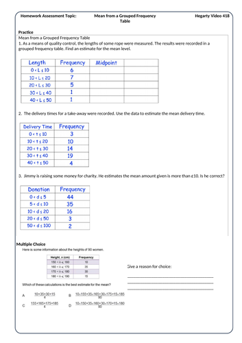 Mean from Grouped Frequency Tables Homework with Answers