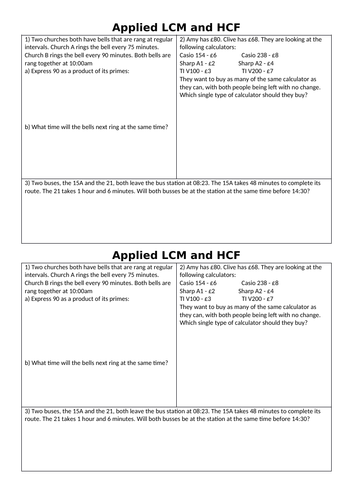 Applied Lowest Common  Multiple (LCM) Highest Common Factor (HCF) Problem Solving Worksheet+Answers