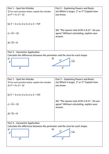 Applied Powers and Roots / Indices - Maths Problem Solving Worksheet + Answers