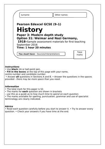 Mock Exams And Assessments Chapter One Weimar And Nazi Germany Teaching Resources