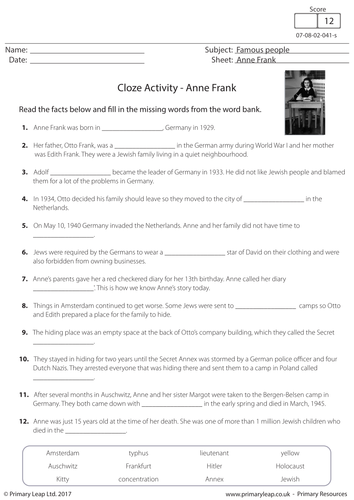 KS2 English Resource - Cloze Activity: Anne Frank