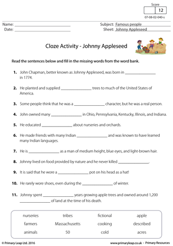 Cloze Activity - Johnny Appleseed