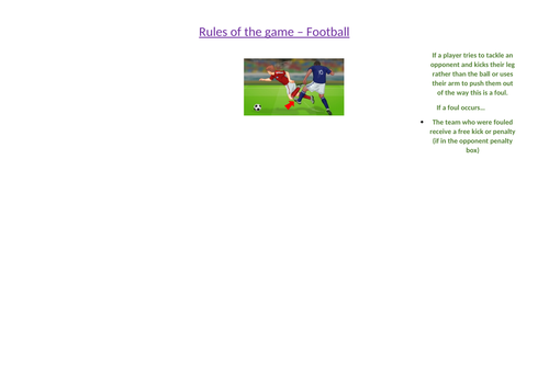 Rules of the game resource card - football and rugby