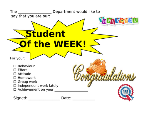 Student of the Week Card