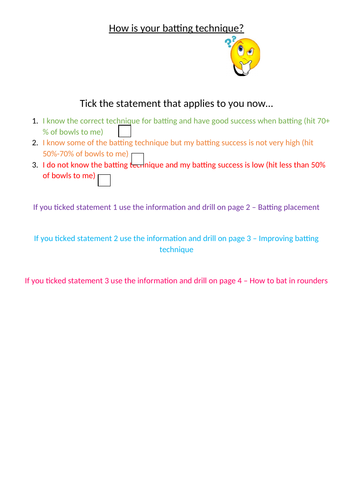 Rounders batting self-assessment and progressive drills resource pack