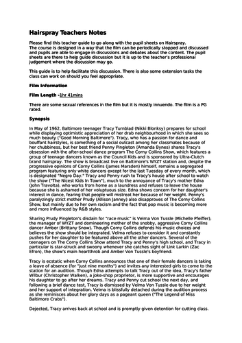 Hairspray - Movie Task and Teacher Notes
