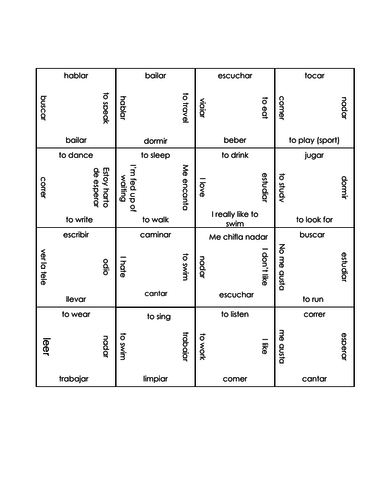Spanish opinions and infinitive verbs magic squares puzzle