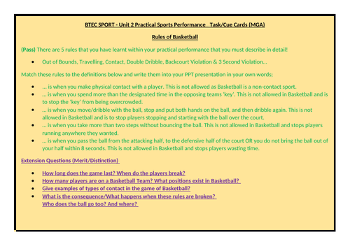 BTEC Sport Unit 2 - Practical Sport - Cue Cards for Assignment Completion