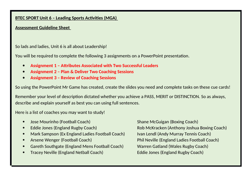 BTEC Sport Unit 6 - Leading Sports Activities_Task Cards to Assist Assignment Completion