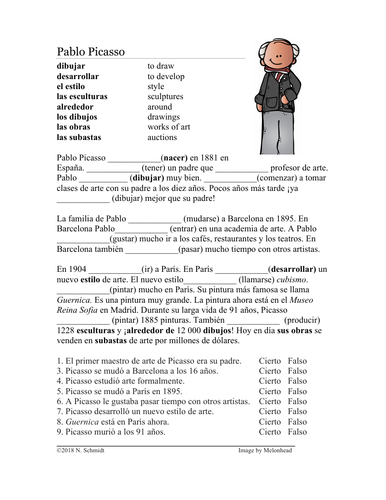 Picasso Spanish Biography & Worksheet (Preterite vs. Imperfect) SUB PLAN
