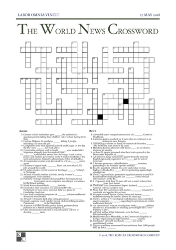 The World News Crossword - May 27th, 2018