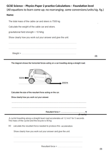 GCSE Science/Physics paper 2 calculation practice - Higher & Foundation (topic 5-7) + ANSWERS [AQA]