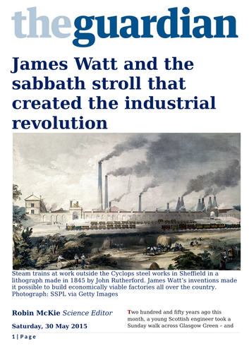 Newspaper article: James Watt and the sabbath stroll that created the industrial revolution