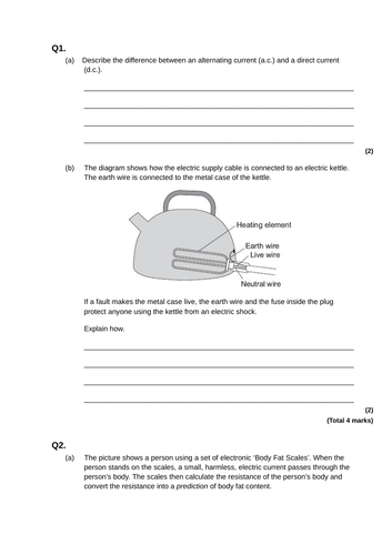 gcse aqa physics electricity revision worksheets ht 1 teaching resources