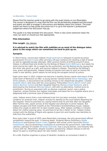 Les Miserables - Morality in the Movies- Teacher Guide and Pupil Worksheet