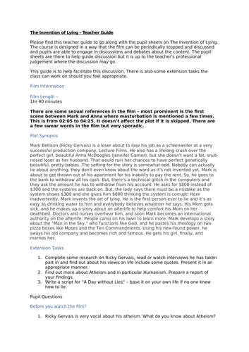 The Invention of Lying - Movie Worksheet  - Atheism, Ethics, Religion and Society.