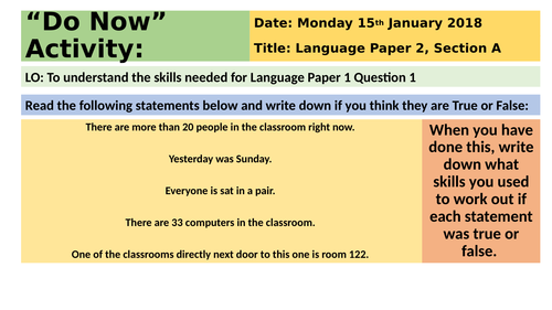 Lesson Language Paper Two Question One- True or False