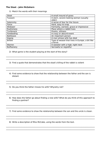 The Stoat John McGahern worksheet