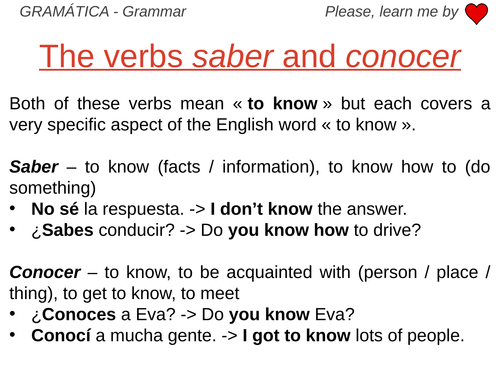 Saber and Conocer - Grammar Work