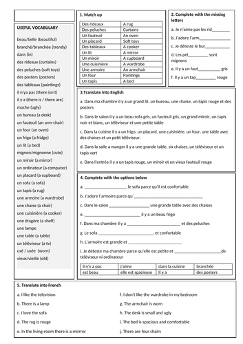 French beginners - Describing furniture (sentence builder + consolidation)