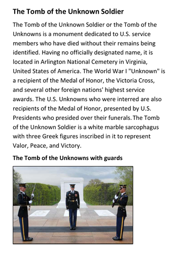 The Tomb of the Unknown Soldier USA Handout