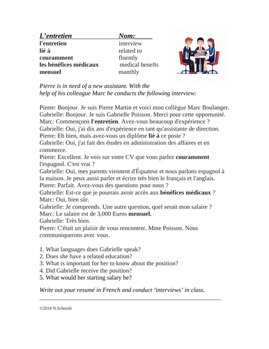 L’entretien Lecture en Français: The Interview French Reading (Job Search)