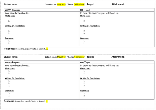 AQA GCSE Spanish / French / KS4 / KS3 Assessment e-Feedback -  blank template