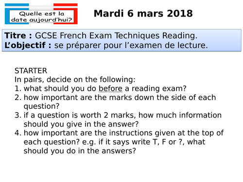 GCSE French Exam Techniques Reading.