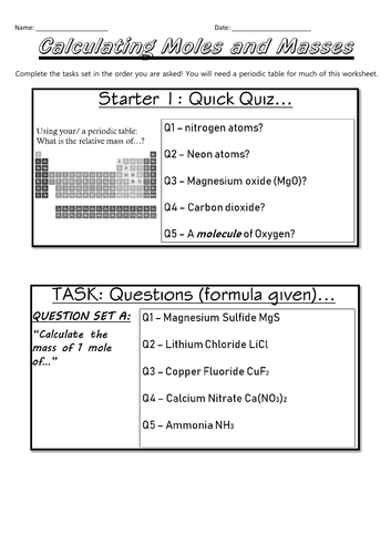 Calculating Masses and Moles (worksheet) - GCSE Chemistry/Combined Science (9-1)