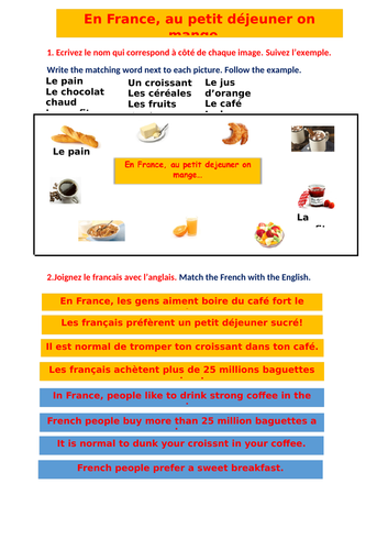 Le Petit Déjeuner - Intro lesson, Year 8, Homework Sheet included