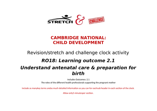 RO18 LO2 Understand antenatal care & preparation for birth revision clock activities 2.1-2.6