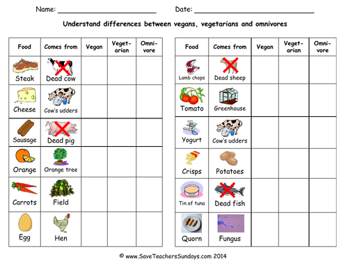 Vegan, Vegetarian and Omnivore KS1 Lesson Plan, PowerPoint and Worksheets