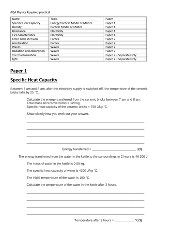 Physics AQA Paper 1 and 2 required practical questions